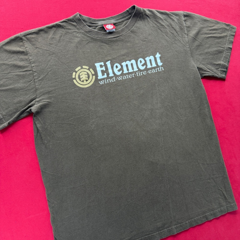 VTG Y2K SKATER Element Wind Water Fire Earth Graphic T-Shirt Mens L Olive GREEN